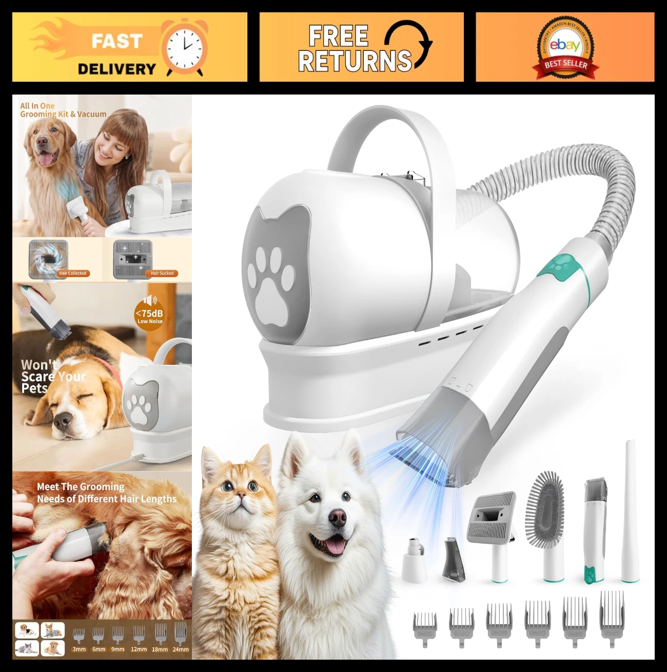 Pet Grooming Vacuum Kit - Dog Hair Clipper, Nail Grinder & 6 Tools for Cats/Dogs