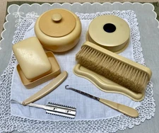 Celluloid Set Vanity Decor with Pan, brush Powder. Soap, Razor, hair, hook