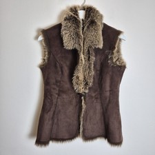 Faux Sheepskin Fur S/M Dark Brown Gilet Cardigan Waistcoat Jacket Bodywarmer