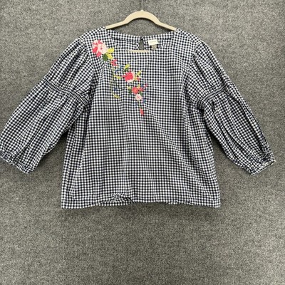 Cupio Top Womens L Blue Check Embroidered Boxy Boho Cottagecore Western Casual