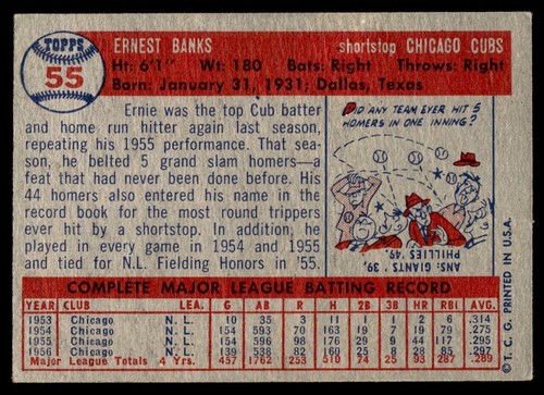 1957 Topps VG Ernie Banks Chicago Cubs #55 - Picture 2 of 2