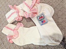 3 Pairs Women's Ankle Ruffle Socks w/ Pink Satin Ribbons Lace Cotton Blend 9-11