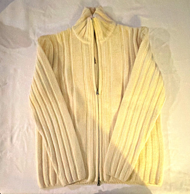 BOSS Hugo Boss Virgin Wool Blend Men's Ivory Mock Neck Full Zip Knit Sweater M