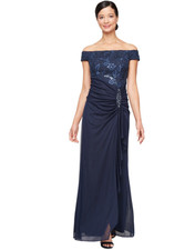 Alex Evenings Women's Embroidered Lace Ruched Gown - Navy Size 16