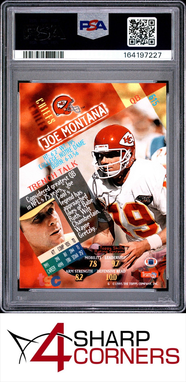 1994 STADIUM CLUB #615 JOE MONTANA CHIEFS HOF PSA 10 view 2
