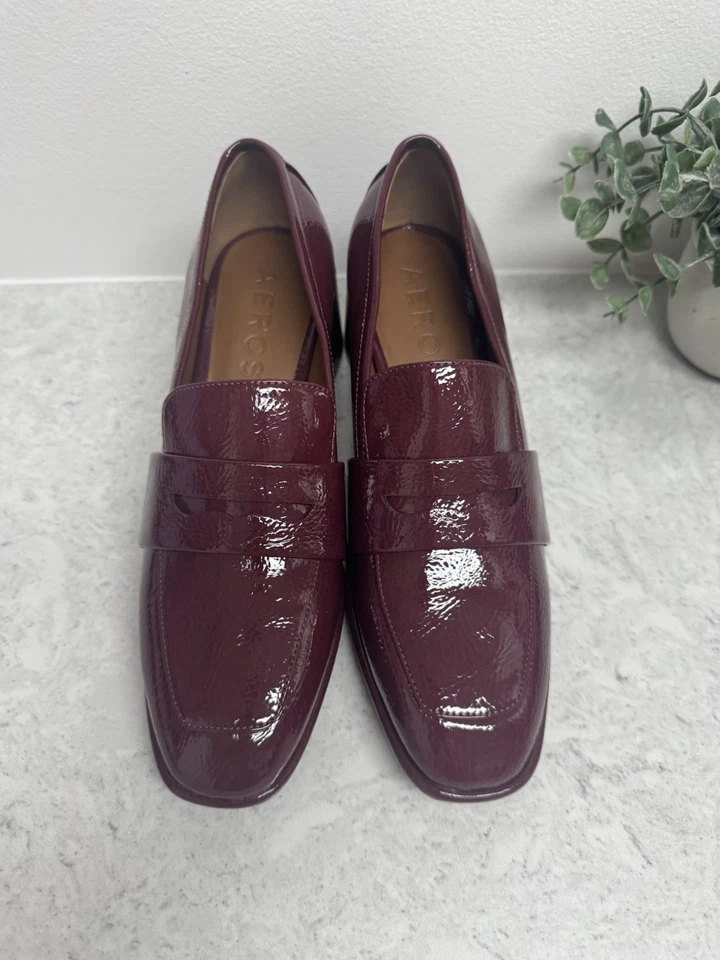 Mocasines de charol rojo granate aerosoles tacones en bloque sin cordones punta cuadrada 8M Foto 3 de 4