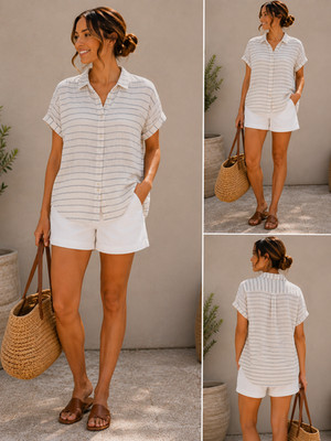 Universal Thread Blue White Stripe Linen Blend Top Women's Relaxed Fit Size L