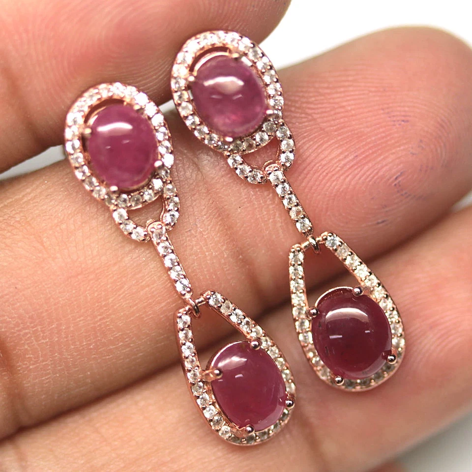 925 Sterling Silver Red Ruby & Cubic Zirconia Earrings Rose Gold Coated - Image 2 of 4
