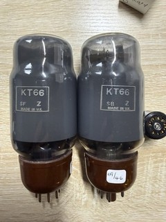 GEC/Marconi KT66 6L6 Smoked Glass Brown Base Black Plate Cup Getter Pair