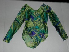 GK Elite L/S Leotard Child M V Neck CM Green Yellow Geometric Spirals Gymnastic