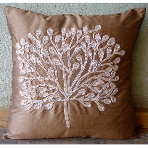 Cushion Cover Orange 16"x16", Home Decor Silk Tree Beaded - My Wish Tree - Picture 2 of 3