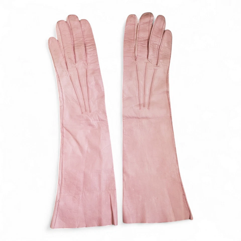 Guantes de cuero vintage Gant Perrin Francia debajo del codo rosa piel para niños talla 7 Foto 2 de 4