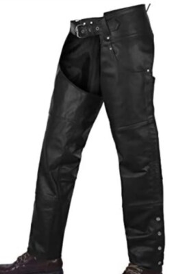 MOTORCYCLE CHAPS PLAIN BIKERS RIDING PANTS ASSLESS COWBOY CHAPS BLACK Size 44