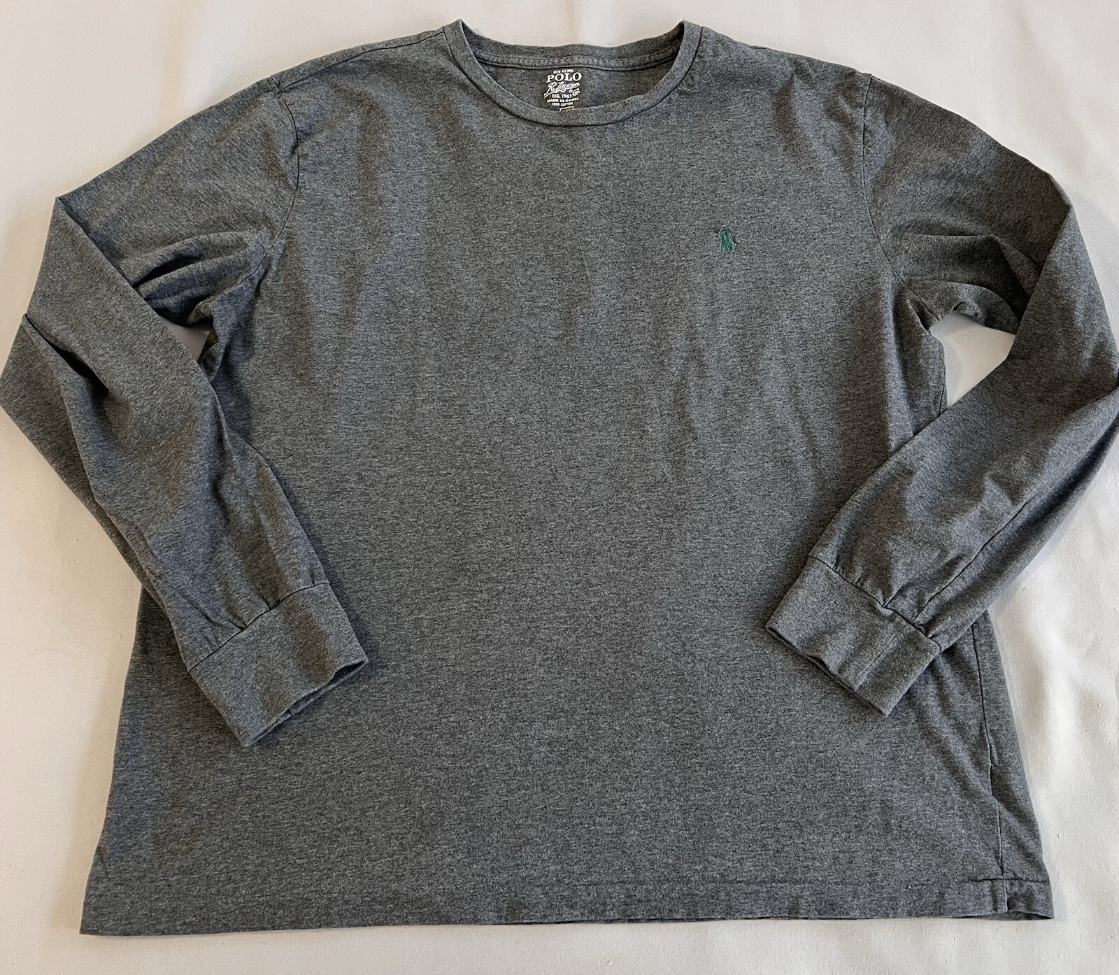 Polo vintage Ralph Lauren grigia camicia manica lunga XL verde pony punto singolo Y2K