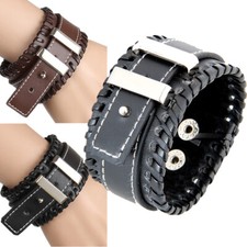 Wide Leather Cuff Bracelet Punk Bangle Wrap, Gothic Rock Biker Wristband Strap