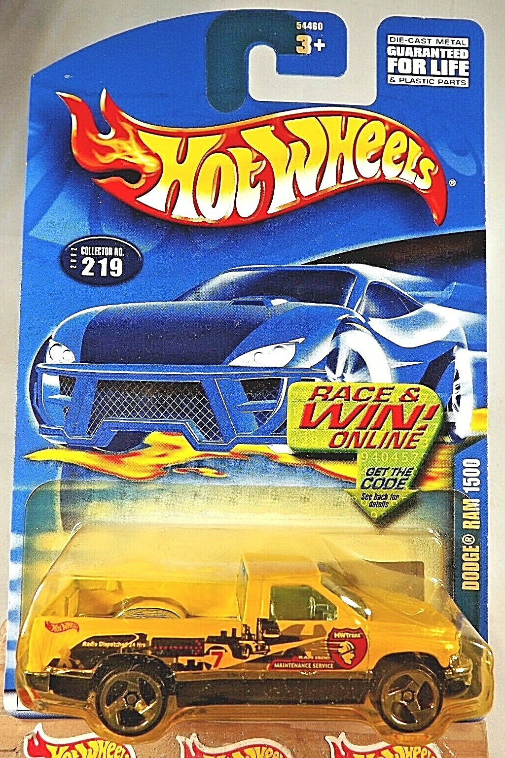 2002 Hot Wheels Mainline/Collector #219 DODGE RAM 1500 Yellow-Black w/Chrome 3Sp