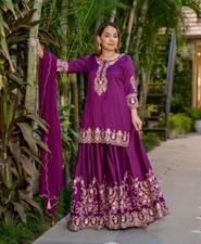 Party Wear Purple Natural French Crepe Kurta Palazzo With Dupatta For Women