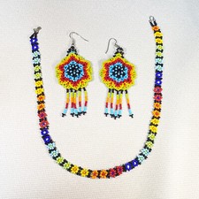 Colorful Seed Bead Handmade 3D Flower Necklace  Earrings Boho Style