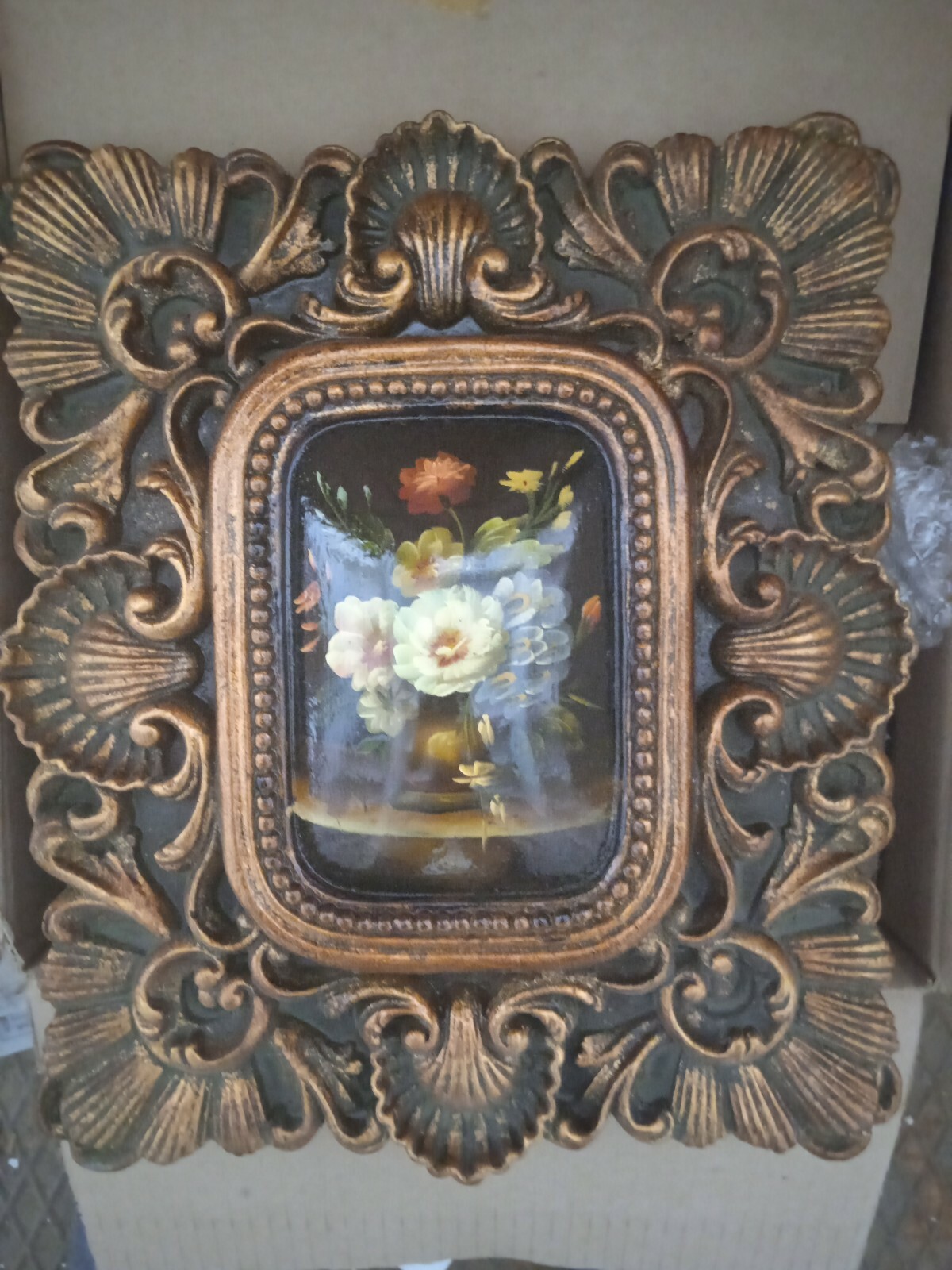 Cuadro Flores Flamenco Pintado Al Óleo Marco Barroco Oro Clásico 31x36 CM