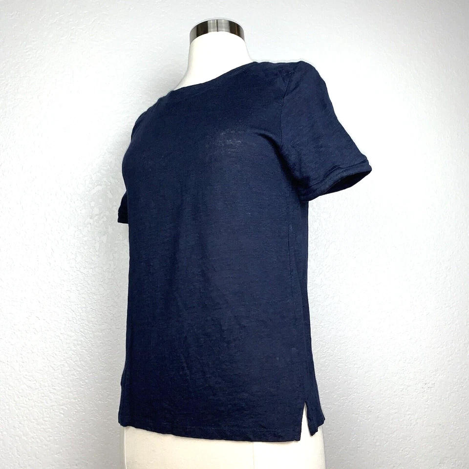Sandro Paris Women's Top 100 % Linen Short Sleeve Pullover Navy Shirt Size 1/S - Image 3 of 4