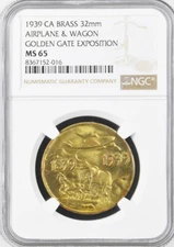 1939 Golden Gate Expo "1839" Medal, Wagon & Airplane, MS65 NGC, World Fair Token