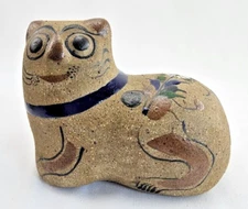 Vintage Tonala Mexican Pottery Cat Hand Painted Folk Art Figurine Signed