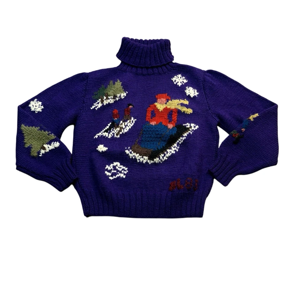 Vintage Ralph Lauren Hand Knit Wool Sweater RL83 Ski Snow Scene Purple M UK Made - Image 2 of 4