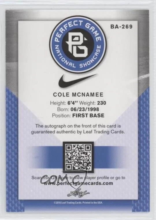 2016 Leaf Perfect Game National Showcase Green /10 Cole McNamee #BA-269 Auto - Image 2 of 2