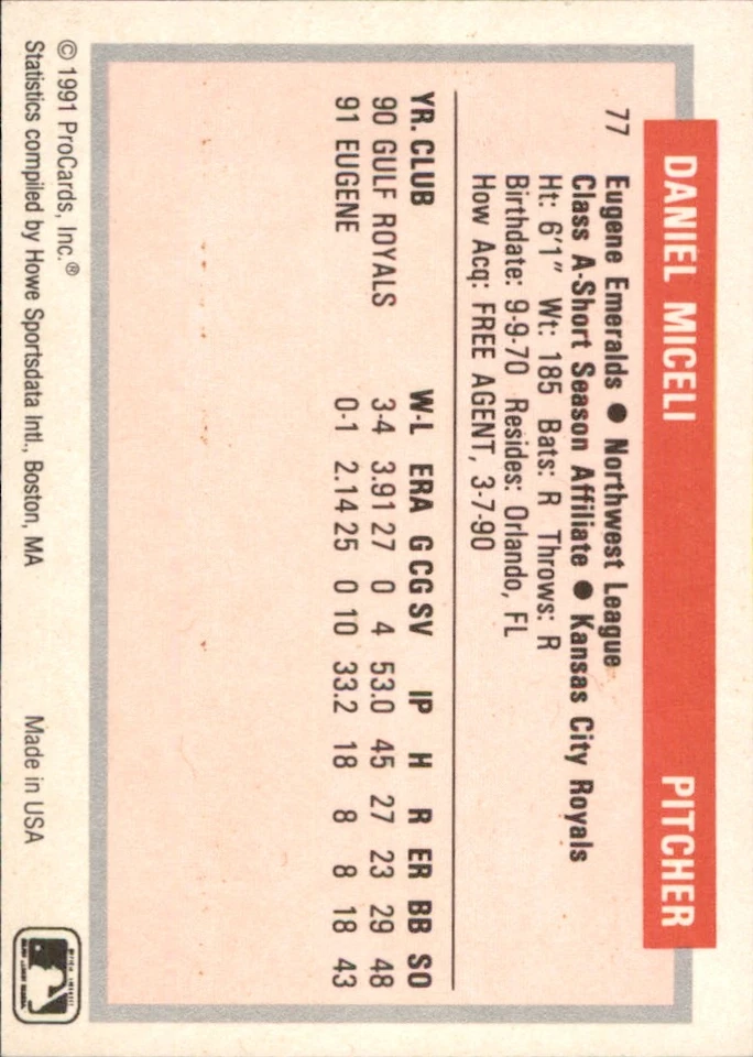 Dan Miceli 1991-92 ProCards Tomorrow's Heroes #77 RC Eugene Emeralds - Image 2 of 2