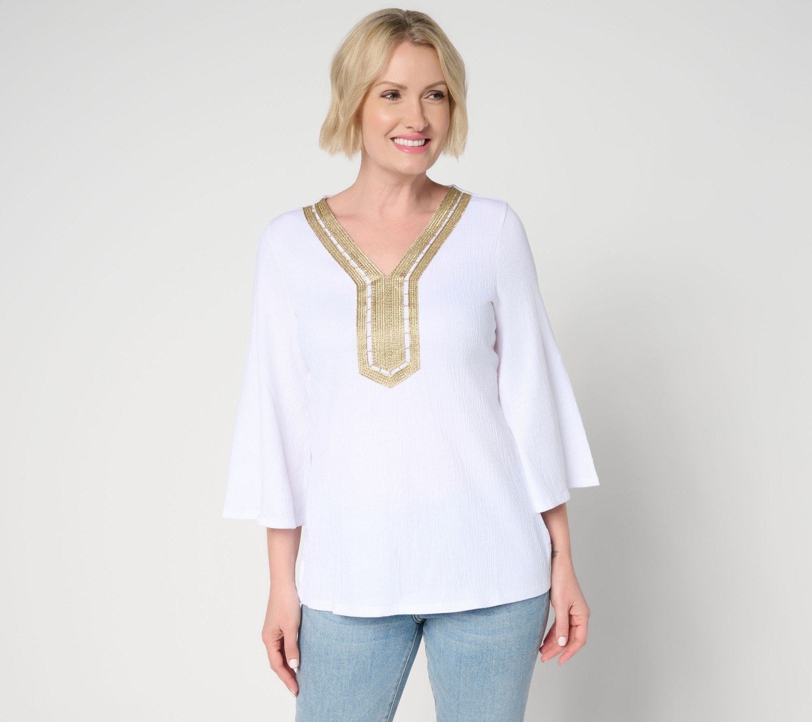 Belle by Kim Gravel Women's Top Sz M Packabelle Gotta Getaway Glam White A687897