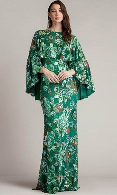 Tadashi Shoji Emerald Green Floral Sequin Cape Evening Gown Size