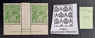 1926 Australia Ash Imp Pair 1d green KGV stamps P13.5x12.5 SMWMK Mint $50.00.
