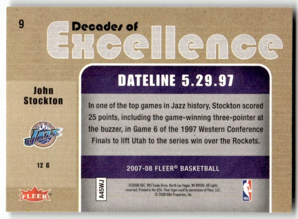 2007-08 Fleer - Decades of Excellence John Stockton #9 - Image 2 of 2