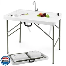 Goplus Folding Fish Cleaning Table with Dual Water Basins, Heavy Duty Fillet 