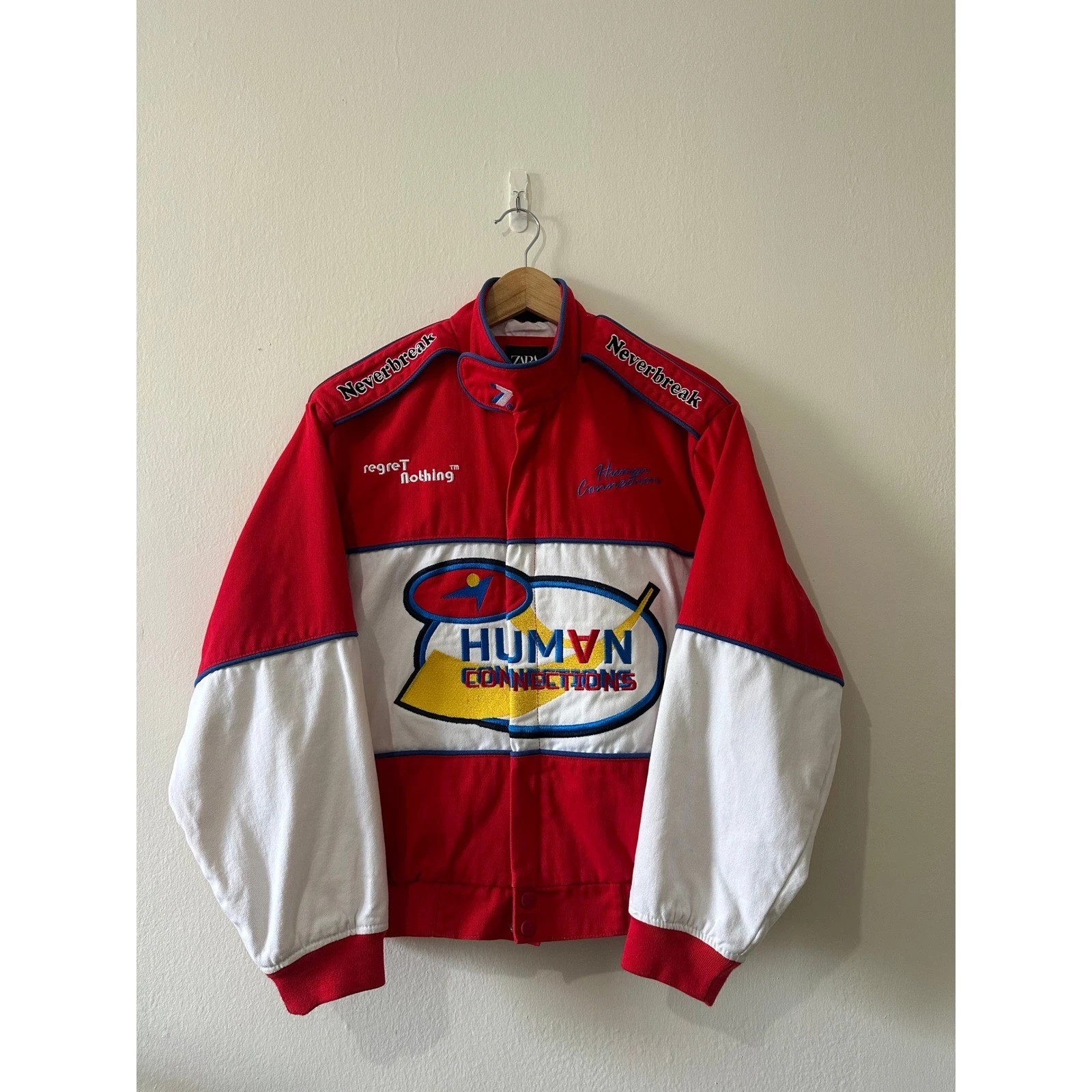 Zara Mens Red Human Connections Bomber Jacket Size M Neverbreak Regret Nothing image 2