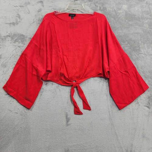 NEW Topshop Top Womens 6 Red Tie Front Cropped Kimono Sleeve Blouse Boho