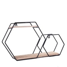 2 Tier Black Natural Hexagon Metal Wood Geometric Floating Shelf Decorations