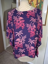 Quacker Factory Kimono Top Size Medium Pink Purple Flamingos Palm Trees Hibiscus
