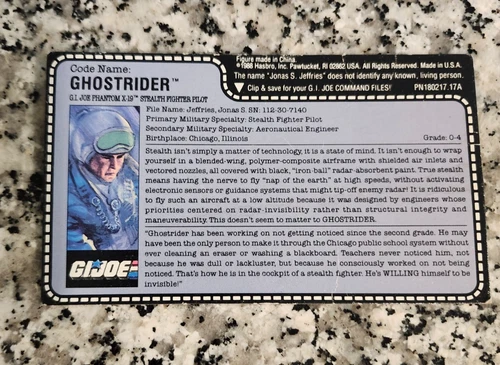 Ghostrider 1988 G.I. JOE COBRA Vintage Original FILE CARD Uncut