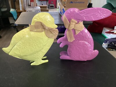 2 Metal Stand Up Easter Decorations Yellow Chicken and Purple Bunny Rabbit