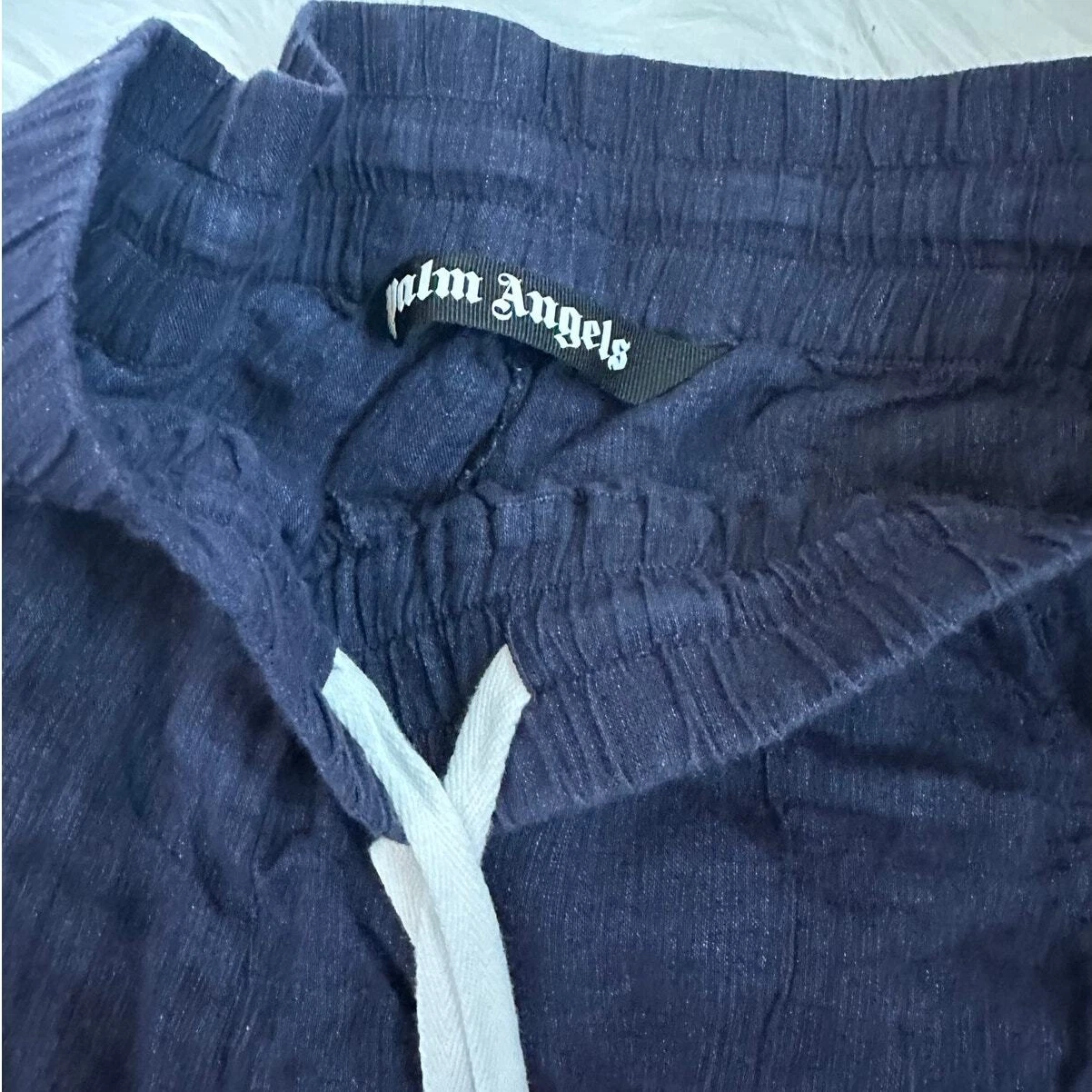 PALM ANGELS Pantalone da pista classico in lino a righe con logo blu navy