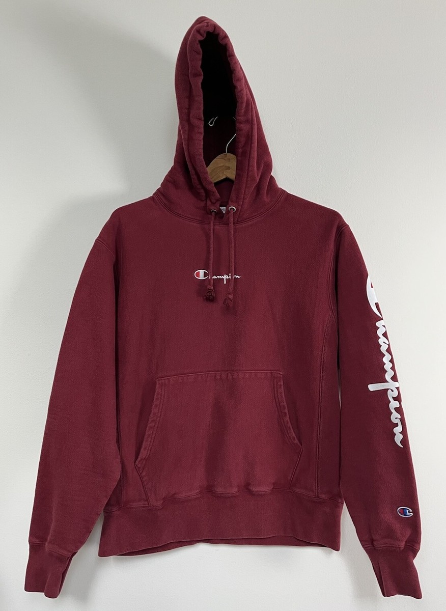 CHAMPION Reverse Weave Hoodie Center Logo Script Burgundy Size