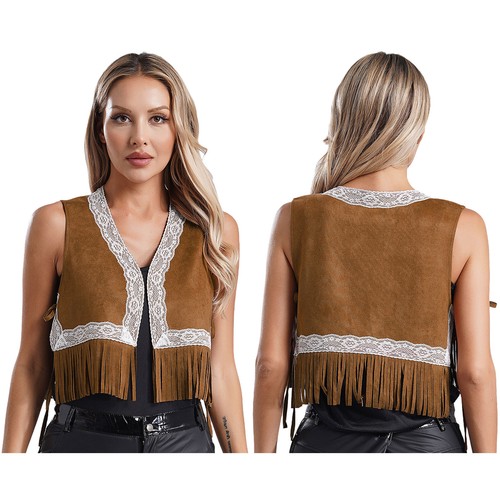 Women's Hippie Fringe Vest Open Front Jacket Side Lace-up Cardigan Top Halloween - Bild 54 von 73