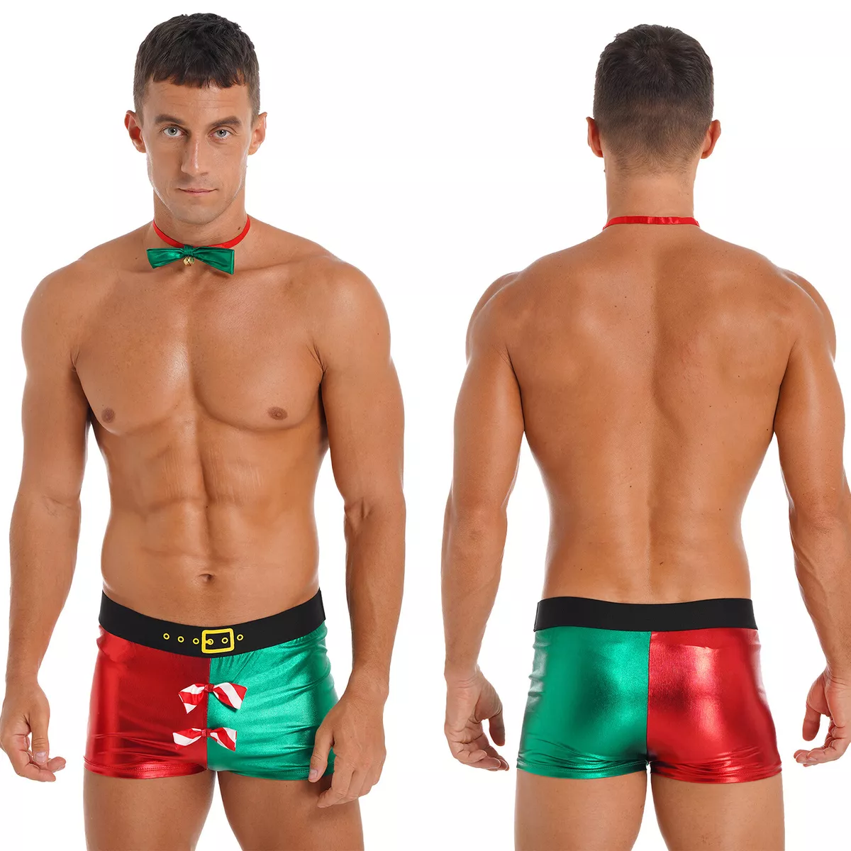 Mens Christmas Santa Claus Shiny Leather Boxer Shorts + Bow Tie Outfit  Underwear