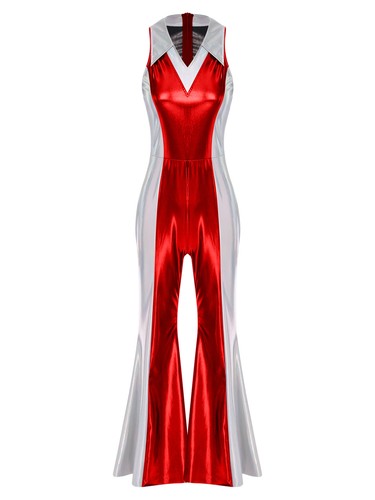 DE Damen Metallisch Overall Farbblock Jumpsuit mit Schlaghose Vintage Tanzkostüm - Bild 65 von 81
