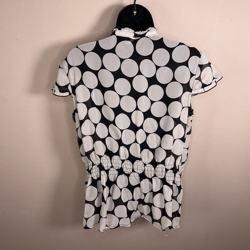 LARGE Y2K ERA BLACK WHITE POLKA DOT RETRO BLOUSE PINUP RUFFLE SHORT SLEEVE - Picture 7 of 12