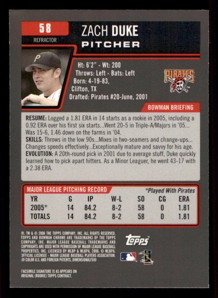 2006 Bowman Chrome Refractors #58 Zach Duke - Image 2 of 2