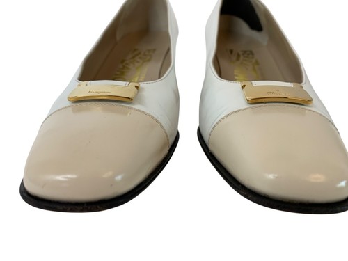 Ferragamo White Beige Leather Heels Low Chunky 1.5" Heel Italy Size 6AA I10067 - Picture 12 of 13