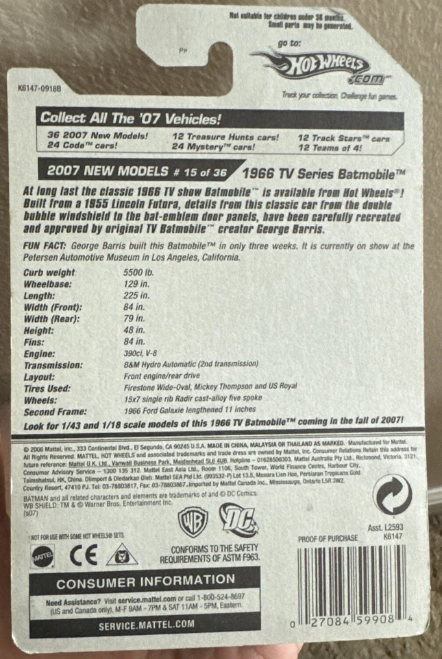 Hot Wheels 2007 New Models 1966 TV Series Batmobile 15/36 - Image 2 of 2