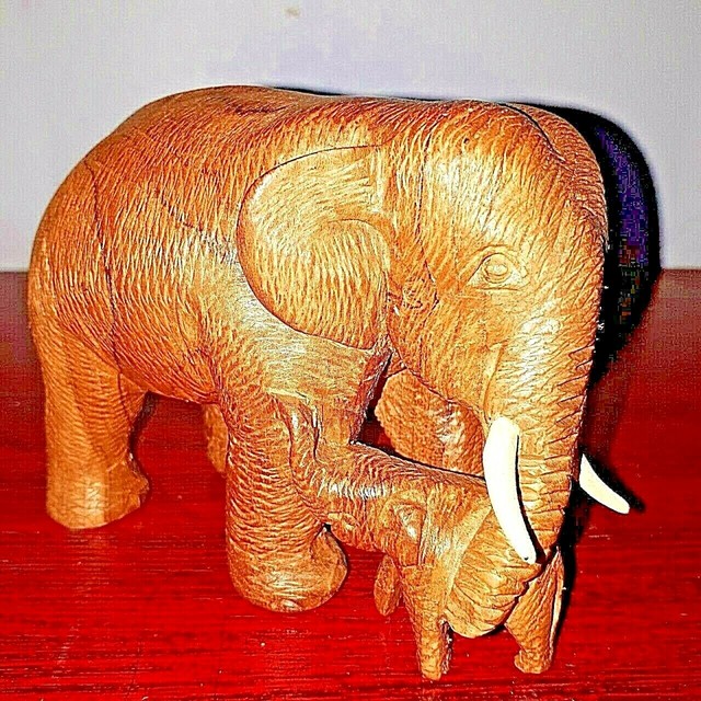 Thai Miniature Elephant Wood Teak Model Handcraft Vintage Home Decor